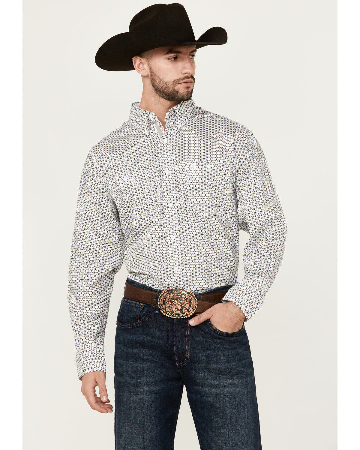 Image #1 - George Strait by Wrangler Men's Geo Print Long Sleeve Button-Down Stretch Western Shirt, Black, hi-res