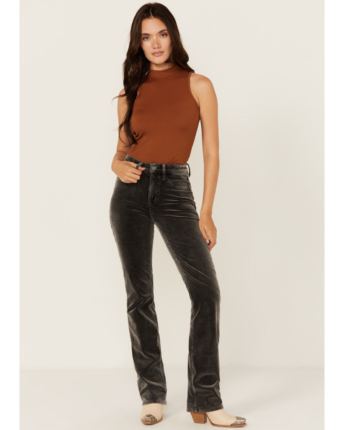 Rock & Roll Denim Women's High Rise Corduroy Bargain Modest Bootcut Stretch Jeans, Charcoal, hi-res