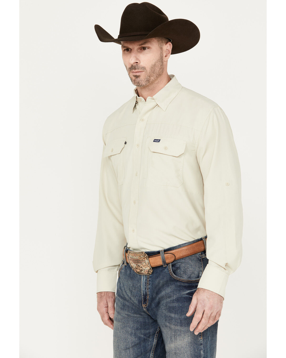 Image #2 - Wrangler Men's Solid Performance Long Sleeve Button Down Shirt, Tan, hi-res