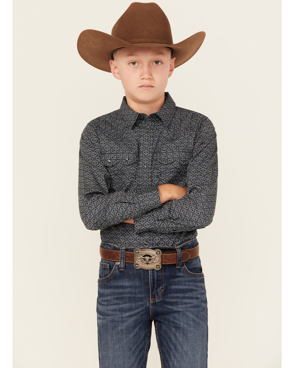 Image #1 - Cody James Boys' Slingshot Medallion Print Long Sleeve Snap Western Shirt, Navy, hi-res