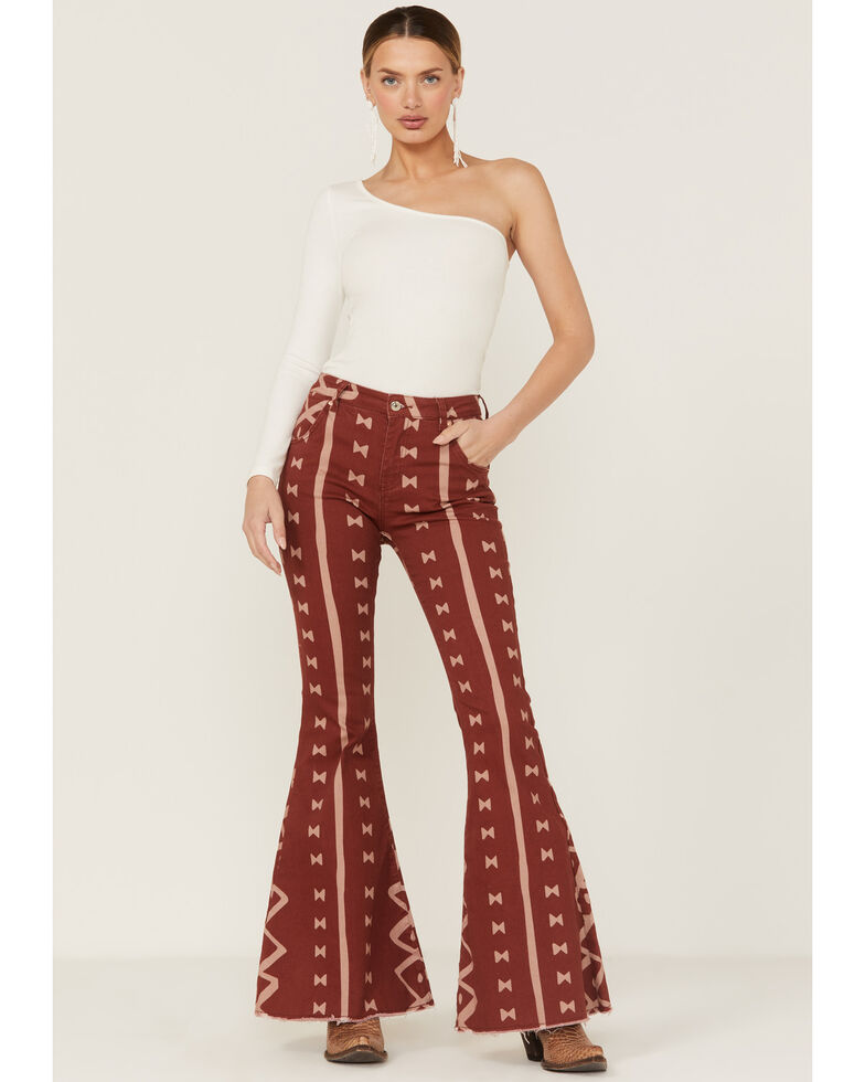 Ranch Dress'n Women's Mudcloth Print High Rise Super Flare Jeans , Rust Copper, hi-res