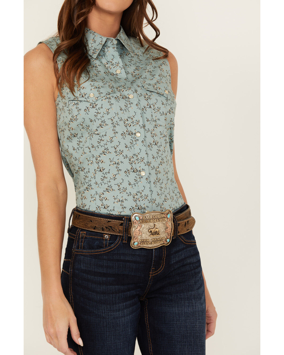 Image #3 - Wrangler Retro Women's Floral Print Sleeveless Pearl Snap Western Shirt, Slate, hi-res