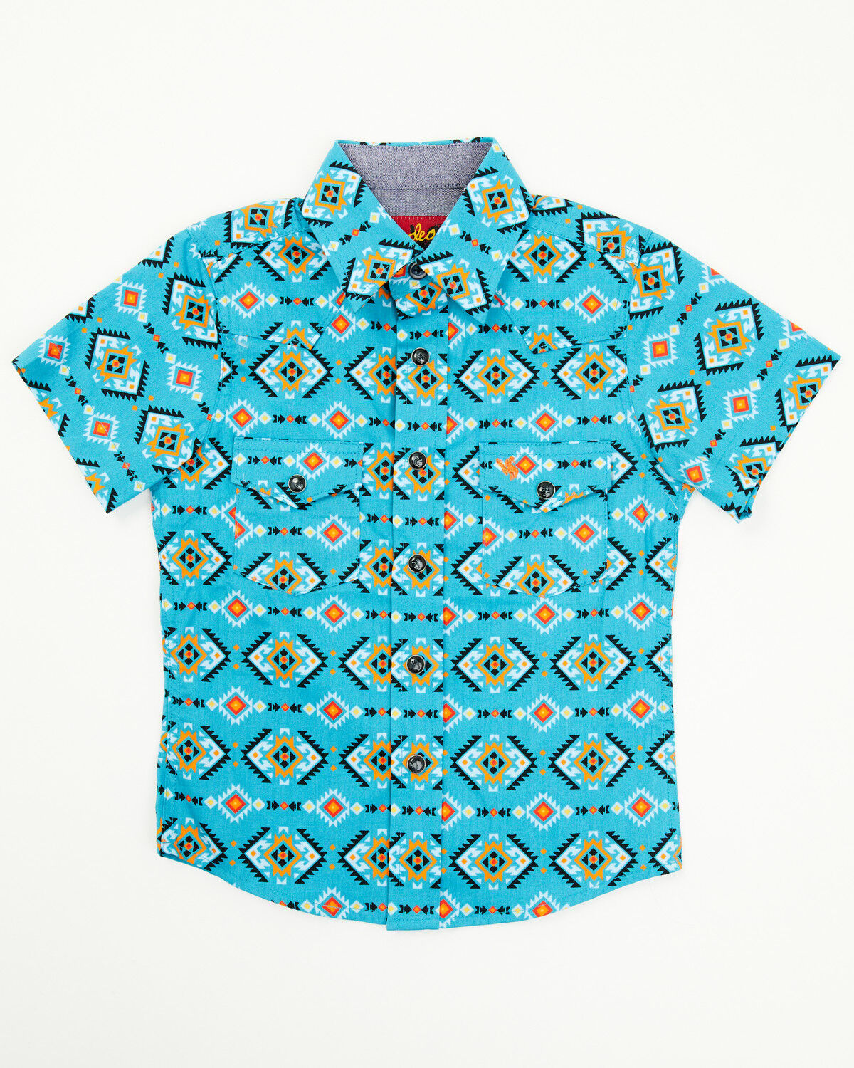 Image #1 - Rodeo Clothing Little Boys' Southwestern Print Short Sleeve Snap Western Shirt, Turquoise, hi-res