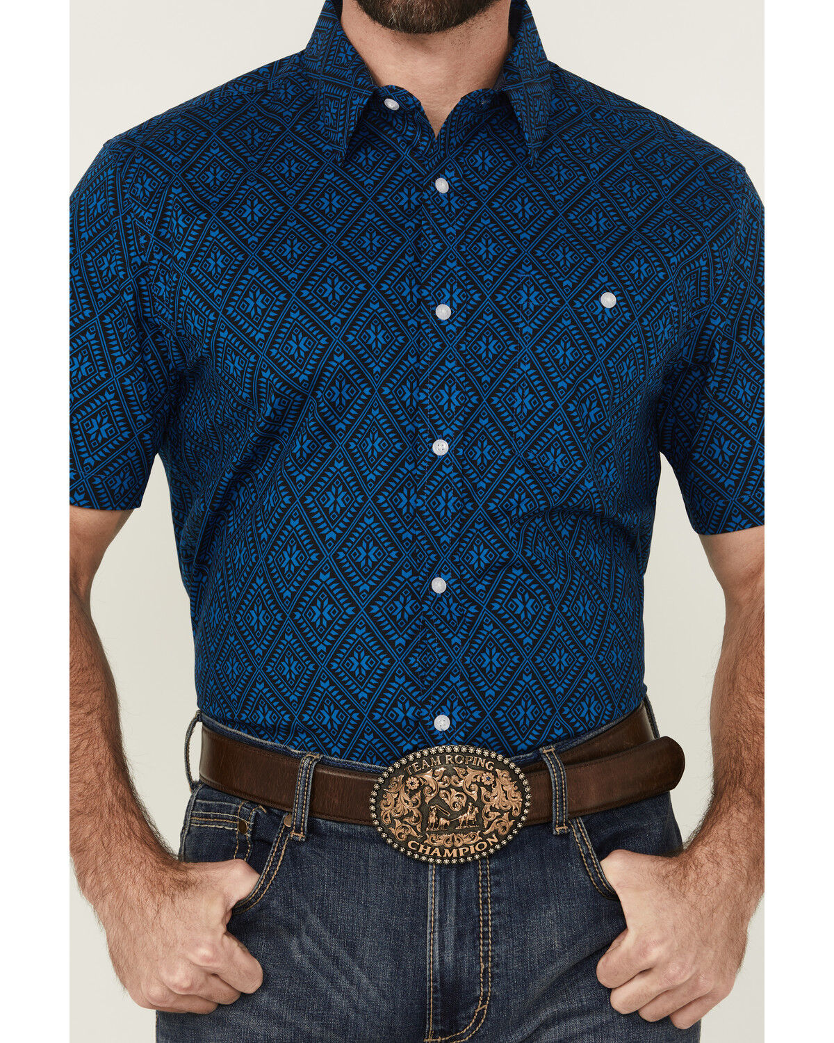 Image #3 - RANK 45® Men's Ribbon Medallion Print Short Sleeve Button-Down Stretch Western Shirt, Blue, hi-res