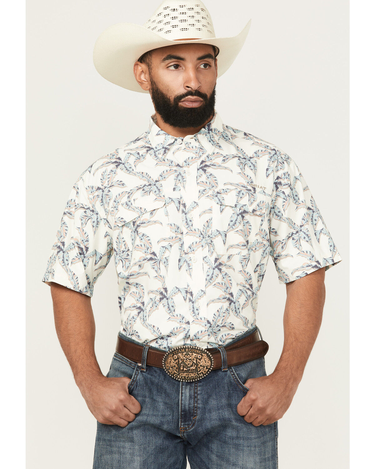 Image #1 - Ariat Men's VentTEK Outbound Palm Tree Print Short Sleeve Button-Down Western Shirt, Tan, hi-res