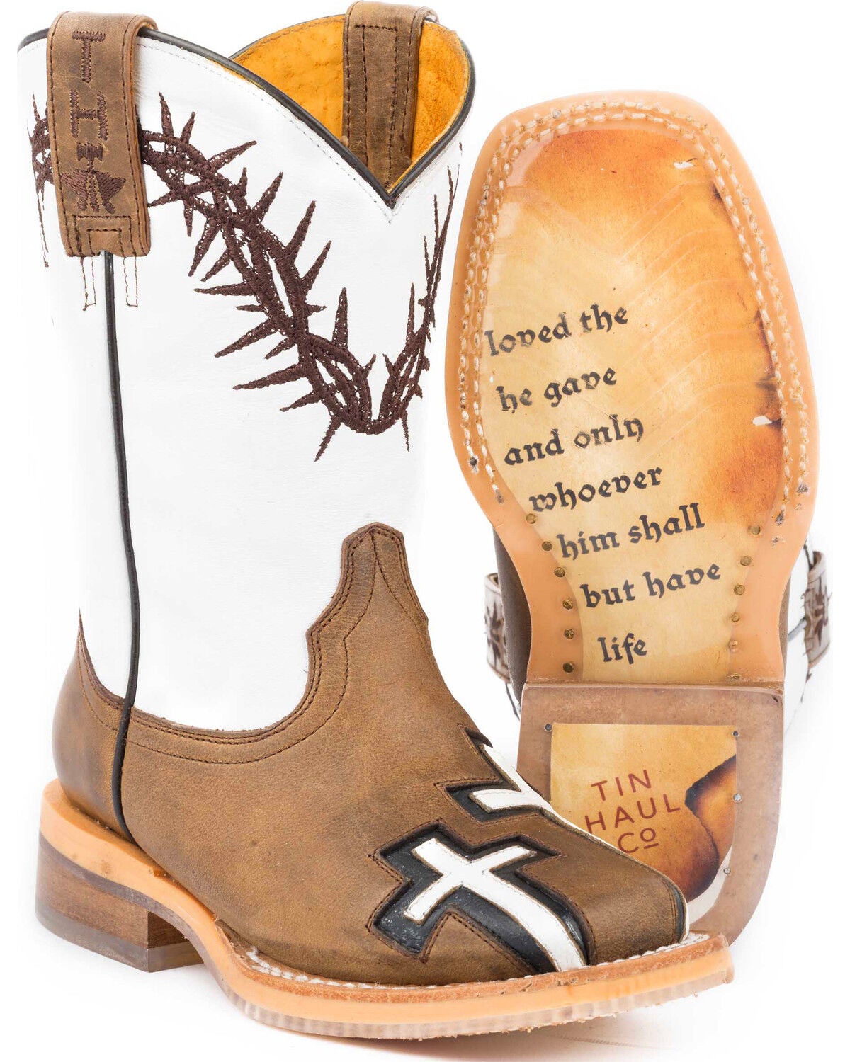 Tin Haul Boys' Tan Crosses Western Boots - Square Toe, Tan, hi-res