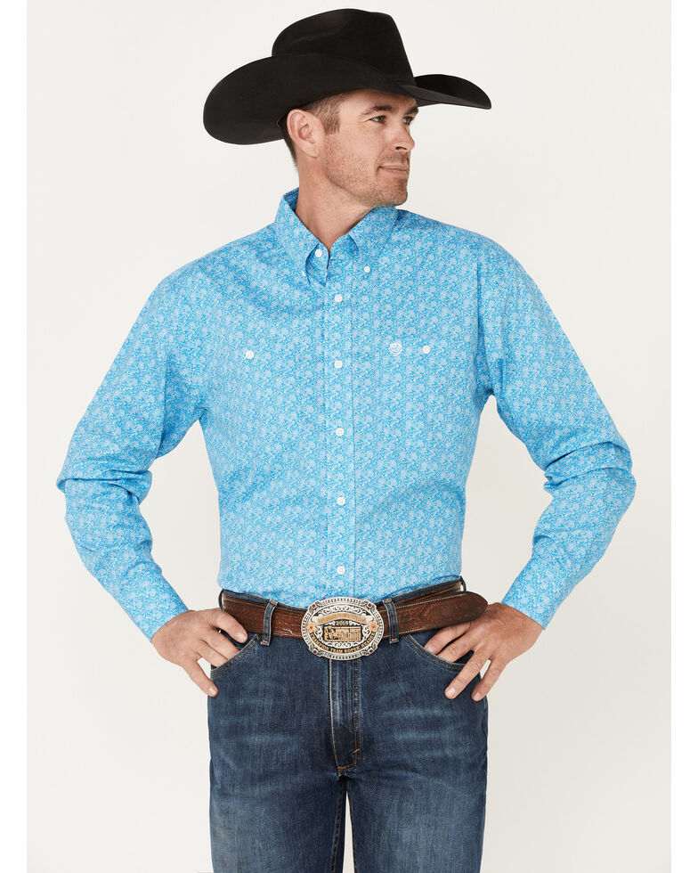 George Strait By Wrangler Men's Floral Print Button-Down Western Shirt , Blue, hi-res
