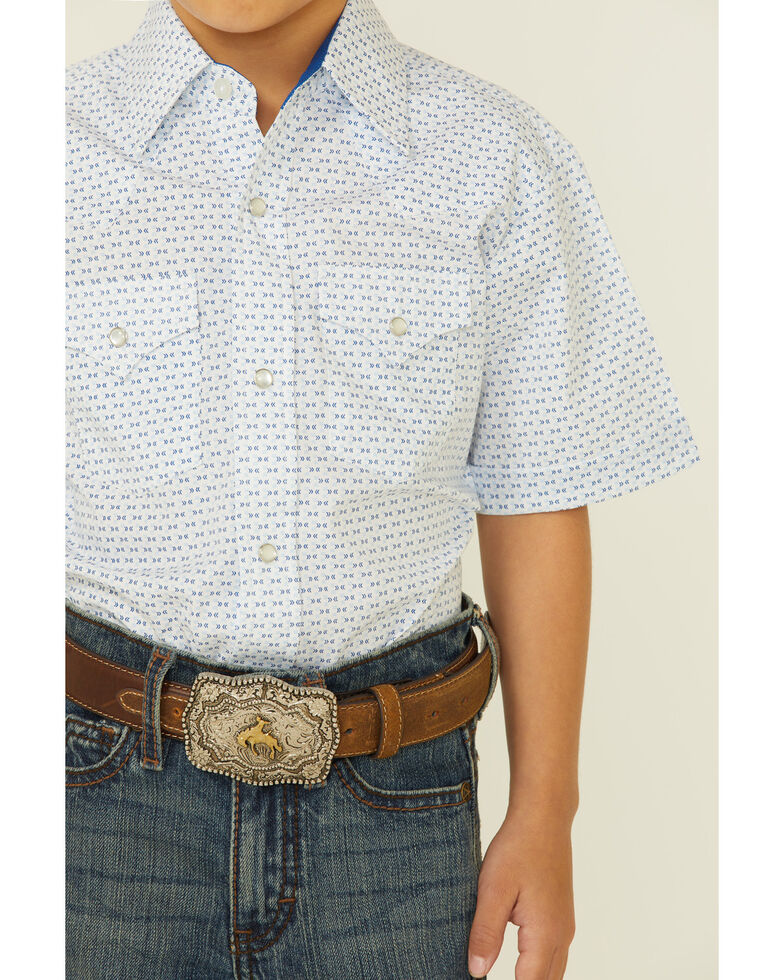 Ely Walker Boys' White Chevron Geo Print Short Sleeve Snap Western Shirt , White, hi-res