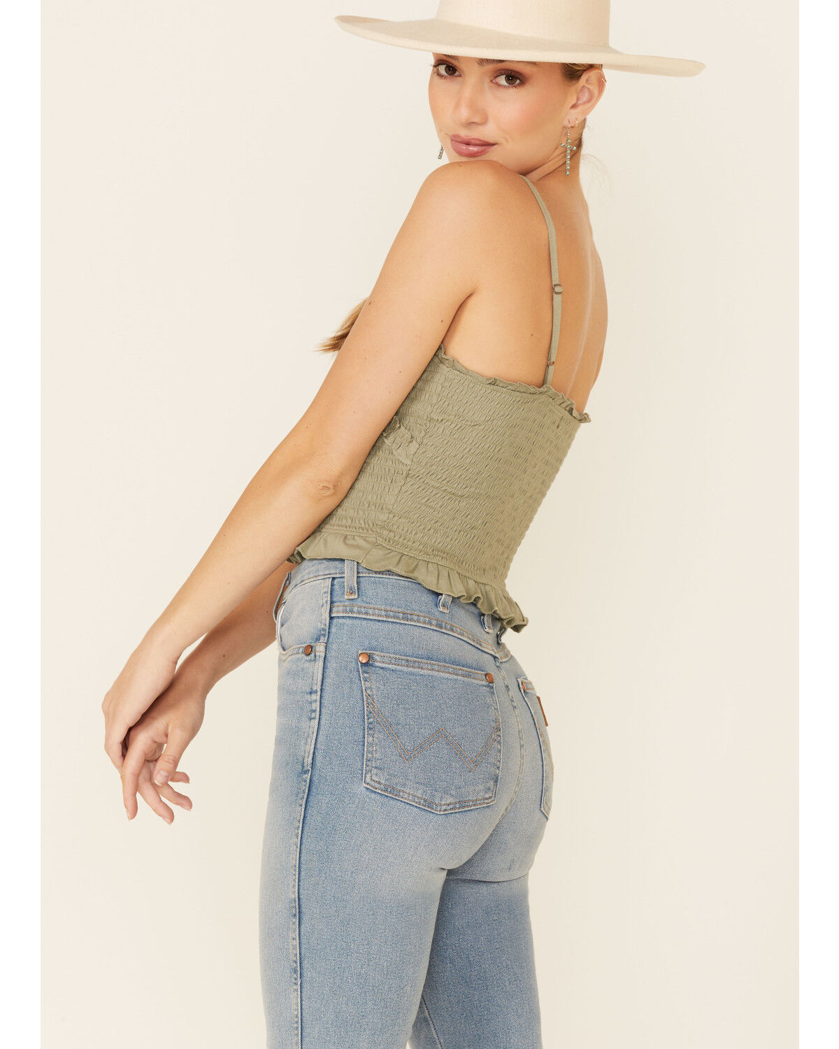 Image #4 - Eyeshadow Women's Smocked Crop Cami, Olive, hi-res