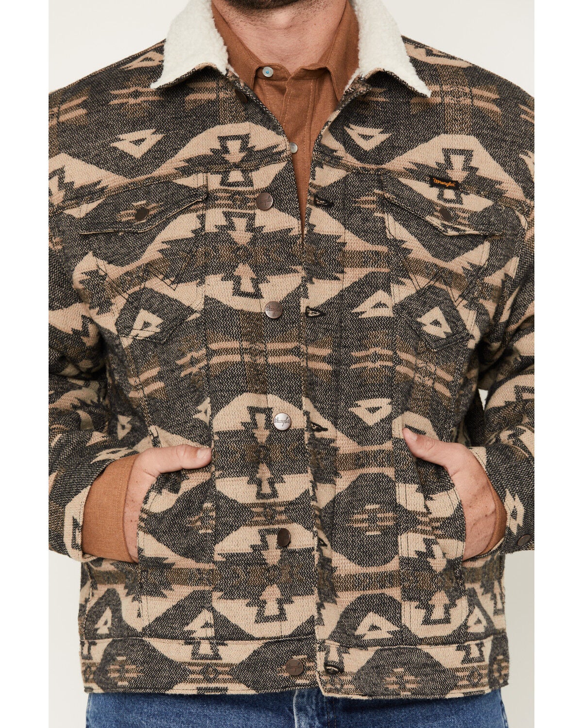 Image #3 - Wrangler Men's Southwestern Sherpa Lined Button-Down Jacket, Charcoal, hi-res
