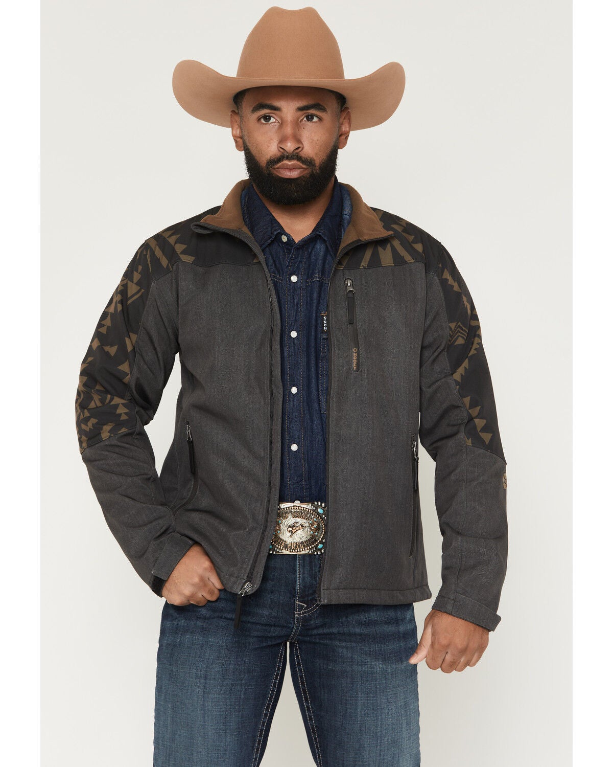 Image #1 - Hooey Men's Jackson Hole Southwestern Color Blocked Softshell Jacket, Dark Brown, hi-res