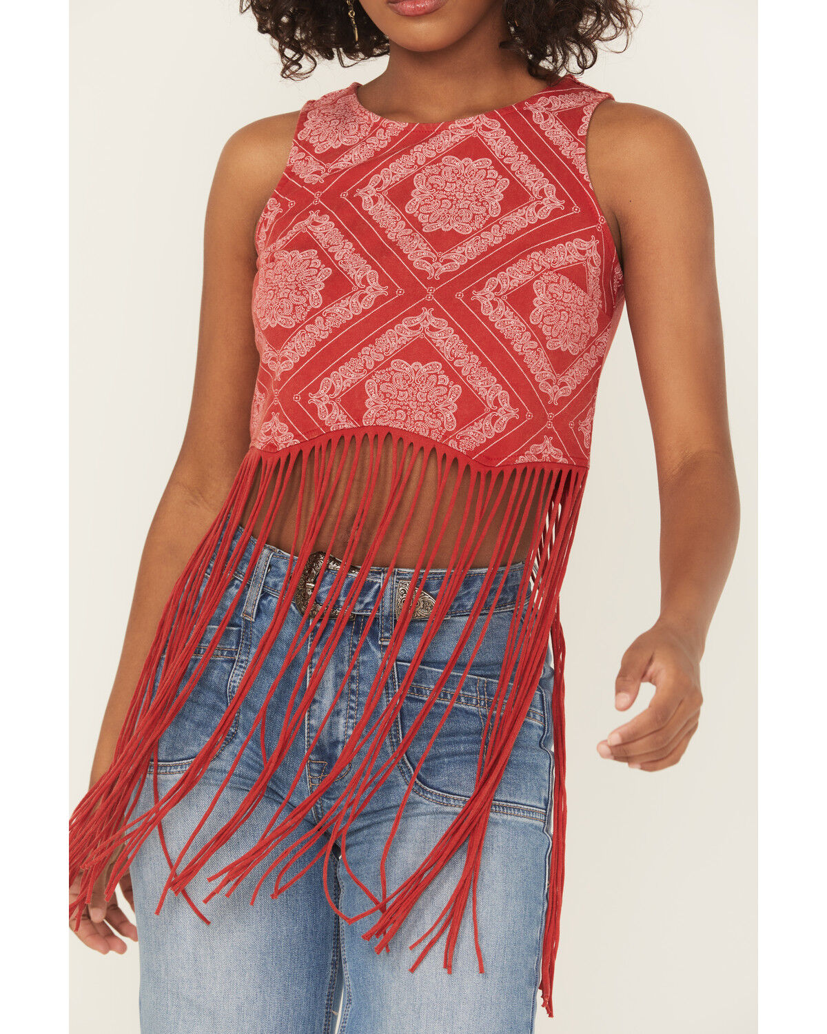Image #3 - Rock & Roll Denim Women's Bandana Print Fringe Tank Top, Red, hi-res