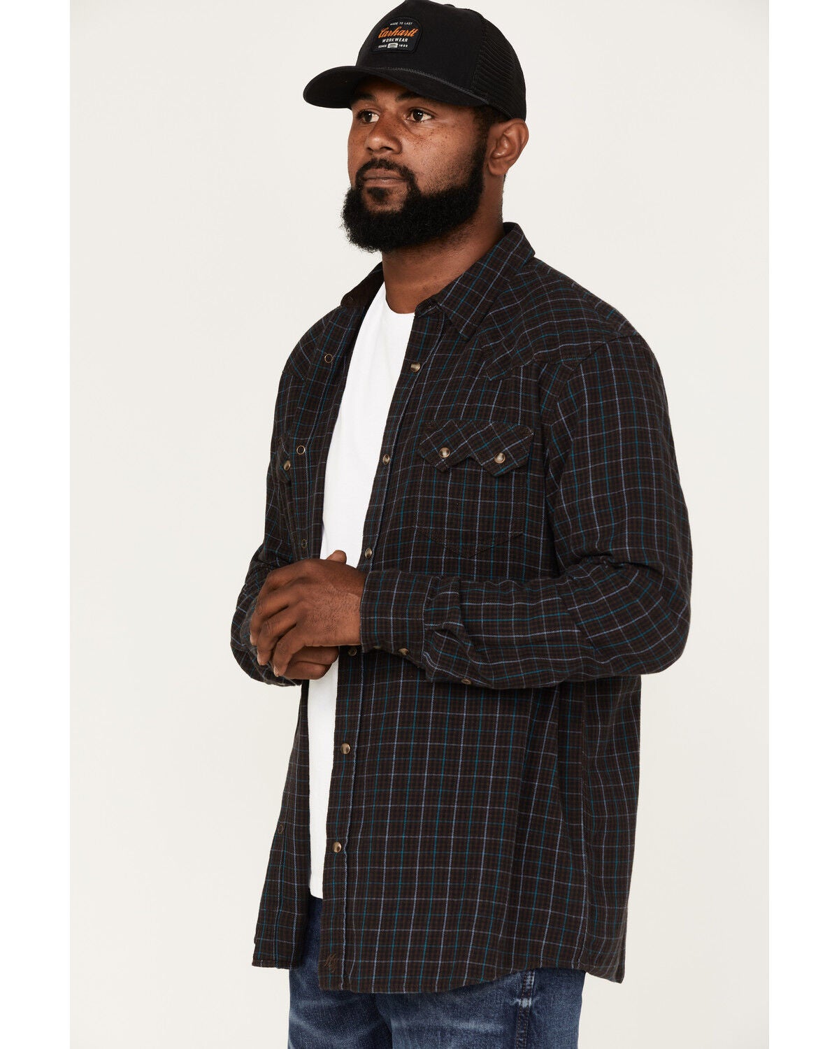 Image #3 - Moonshine Spirit&reg; Men's Cask Small Plaid Print Snap Western Flannel Shirt, Brown, hi-res