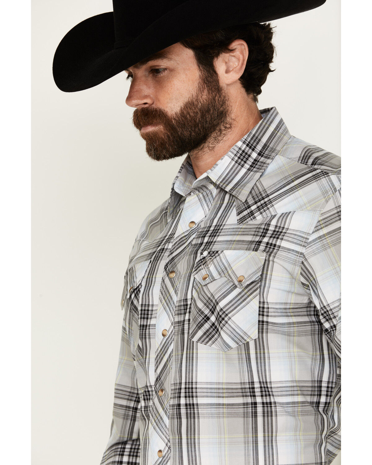 Image #4 - Wrangler Retro Men's Plaid Print Long Sleeve Snap Western Shirt, Grey, hi-res
