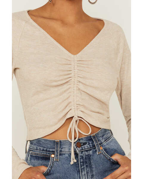 Image #2 - Lush Women's Sand Long Sleeve Cinch Front Knit Top, Sand, hi-res