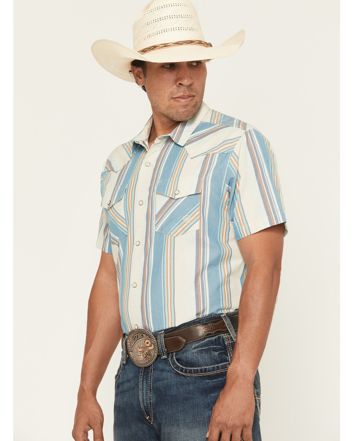Image #2 - Ariat Men's Hilton Retro Fit Striped Short Sleeve Snap Western Shirt, Off White, hi-res