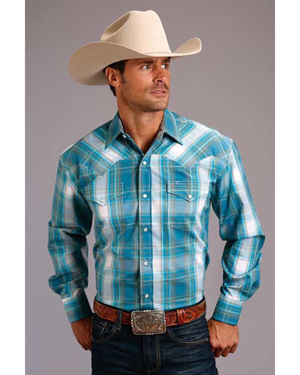 Teal Plaid Long Sleeve Western Shirt 