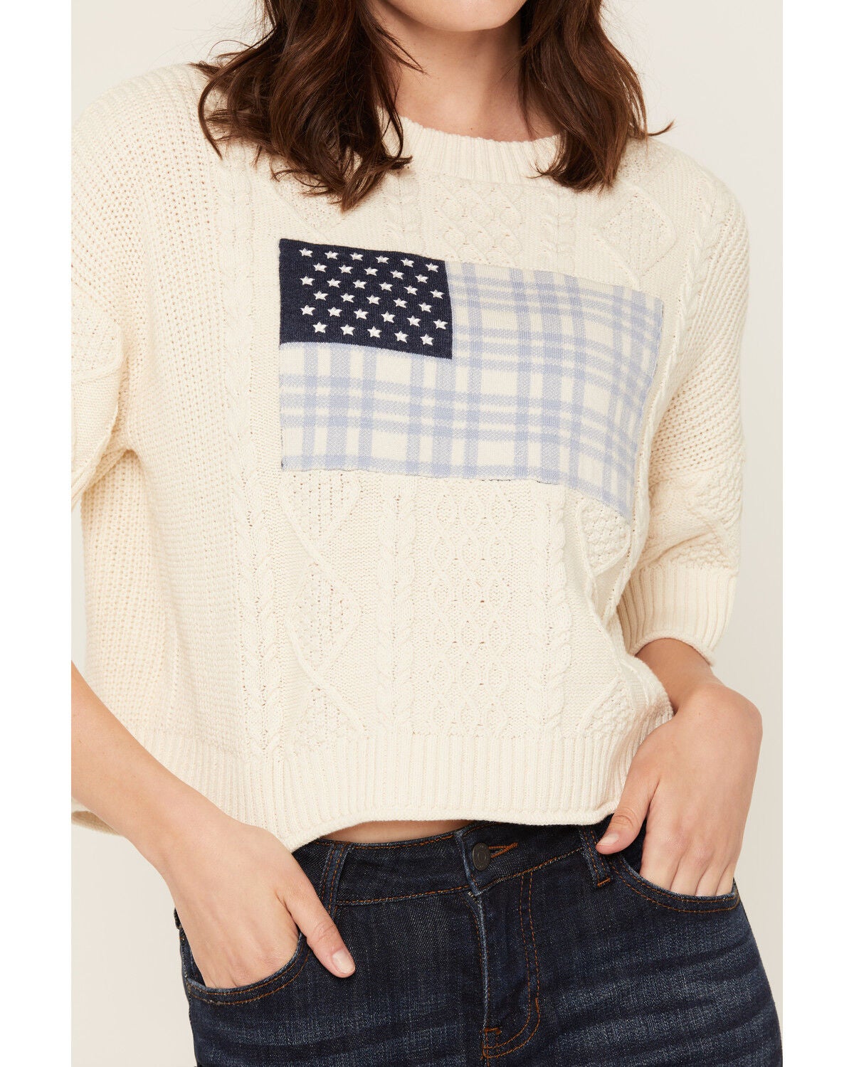 Image #3 - Originality Women's USA Flag Short Sleeve Sweater, Cream, hi-res