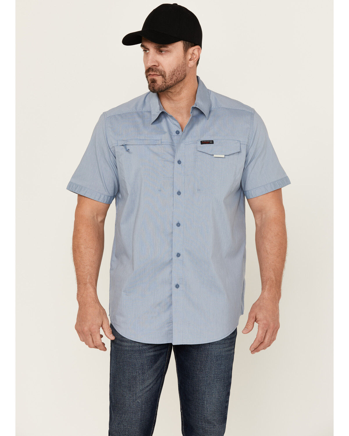 Image #1 - ATG by Wrangler Men's Solid Short Sleeve Button-Down Performance Western Shirt, Light Blue, hi-res