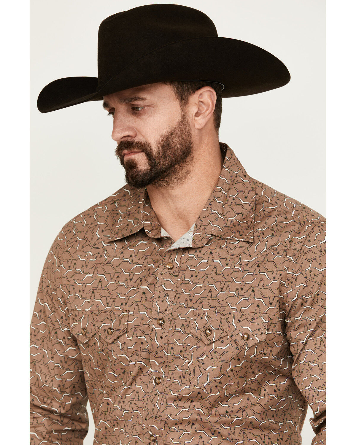Image #2 - Rock & Roll Denim Men's Longhorn Print Long Sleeve Pearl Snap Stretch Western Shirt, Brown, hi-res