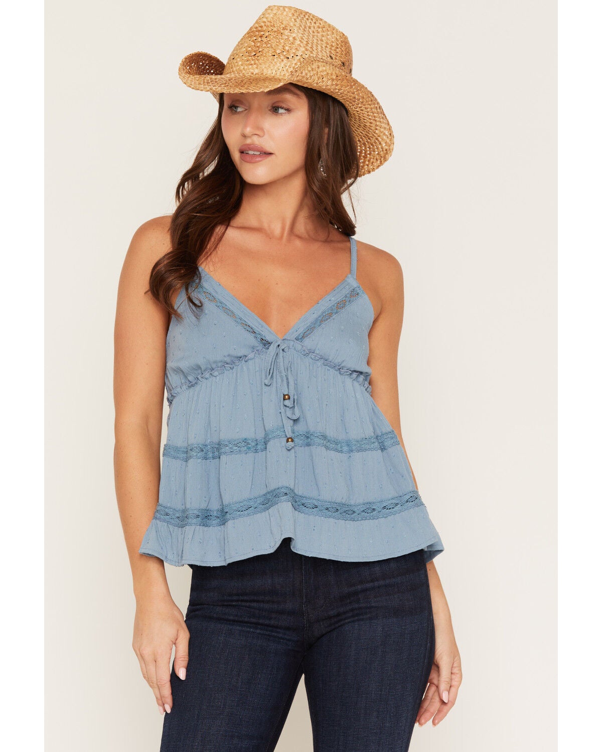 Image #1 - Angie Women's Swiss Dot Sleeveless Lace Trim Tiered Cami, Blue, hi-res