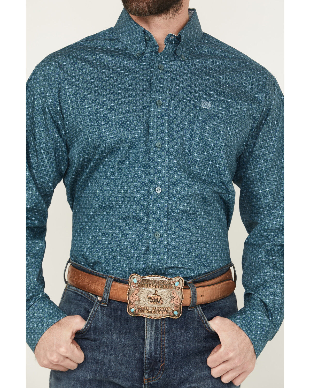 Image #3 - Cinch Men's Geo Print Long Sleeve Button-Down Western Shirt, Green, hi-res