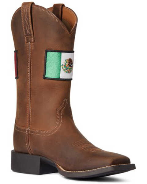 Ariat Women's Distressed Round Up Orgullo Mexicano Performance Western Boot - Broad Square Toe, Brown, hi-res