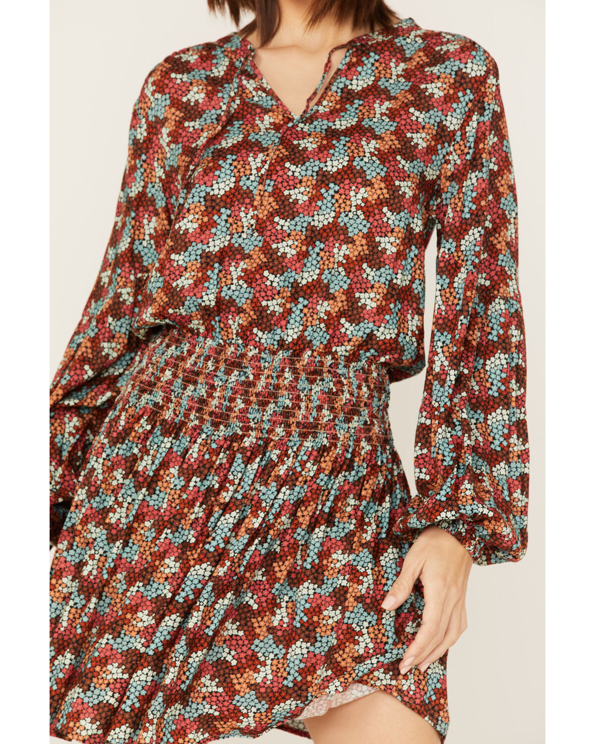 Image #3 - Rock & Roll Denim Women's Ditsy Floral Print Long Sleeve Mini Dress, Rust Copper, hi-res