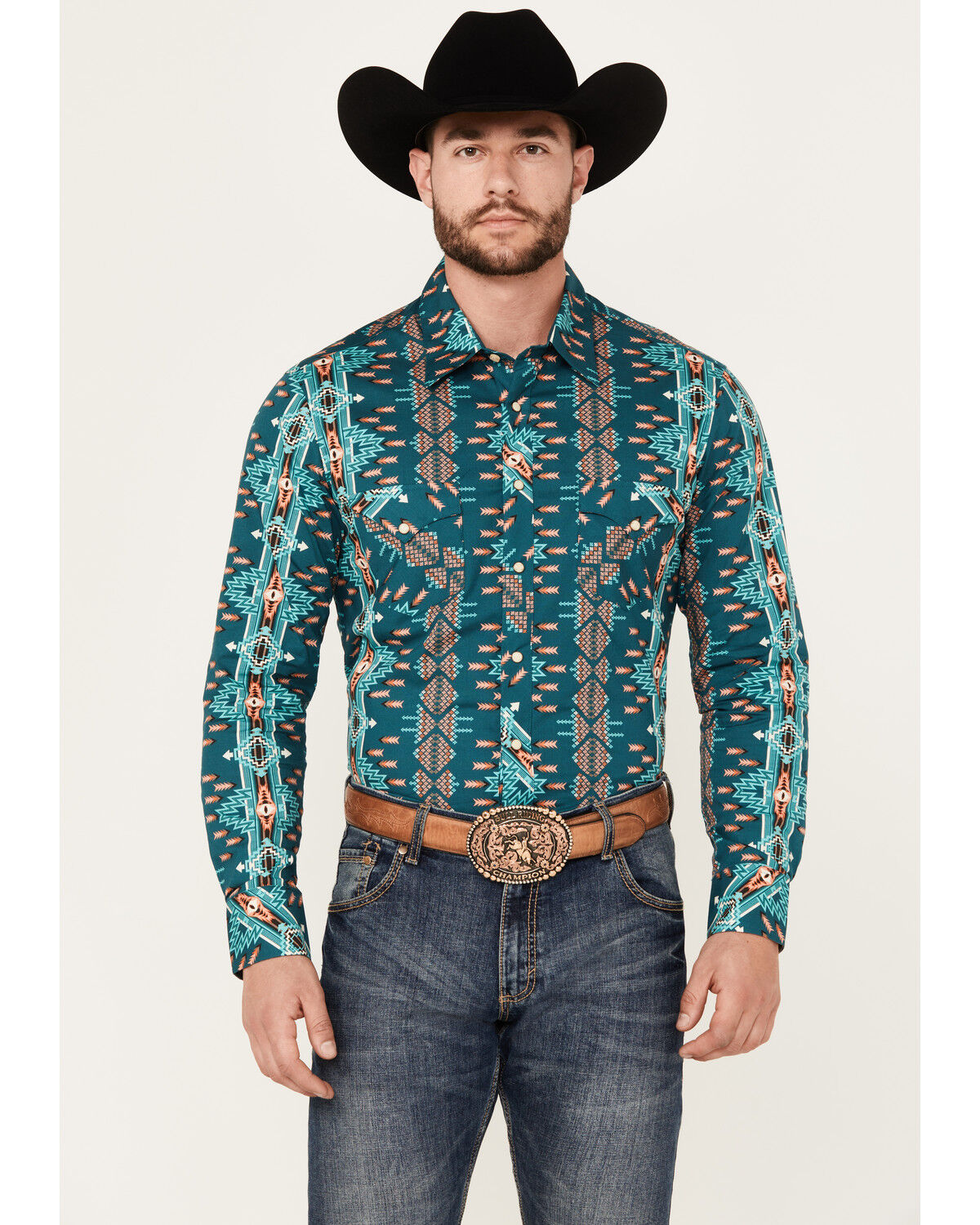 Image #1 - Rock & Roll Denim Men's Southwestern Print Stretch Long Sleeve Snap Western Shirt, Teal, hi-res