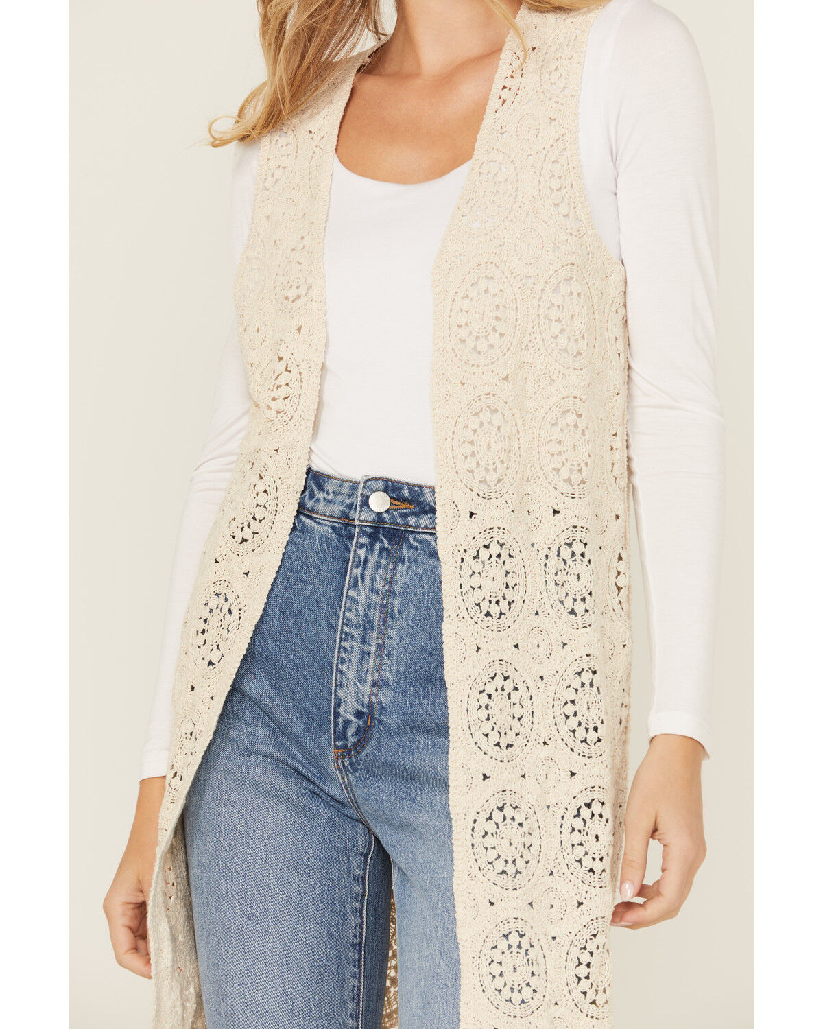 Image #3 - Miss Me Women's Long Vest, Cream, hi-res