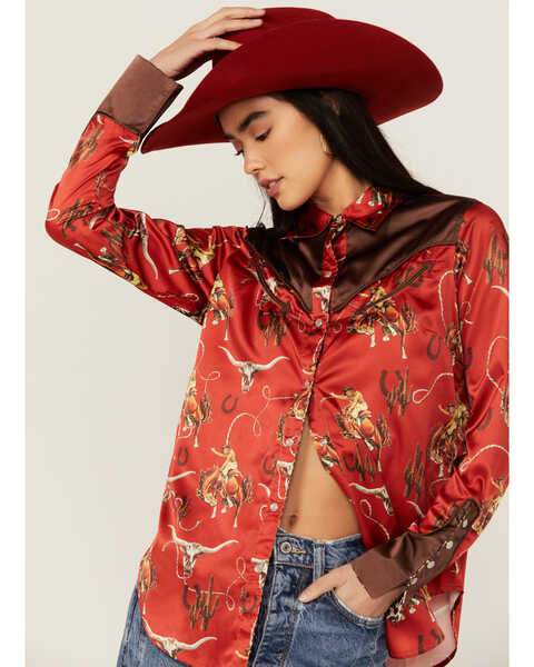 Rodeo Quincy Women's Horse Print Long Sleeve Pearl Snap Western Shirt , Red, hi-res