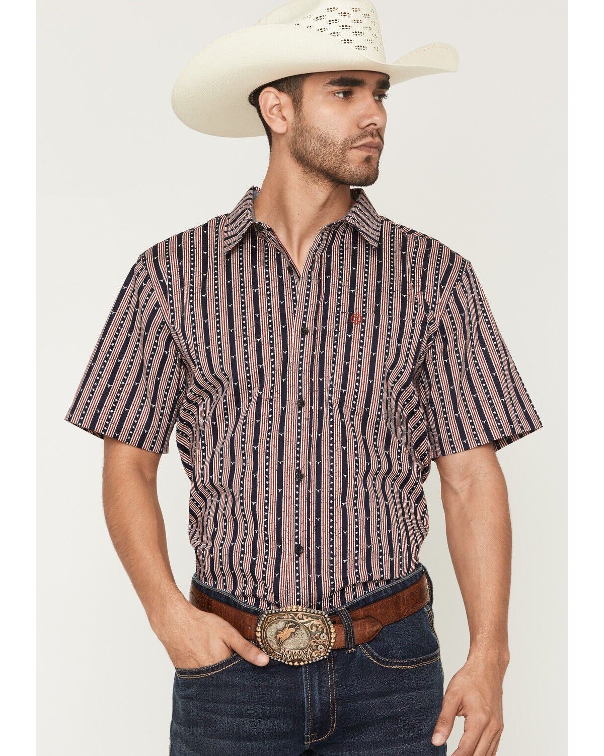 Cody James Men's Stripe Steerhead Short Sleeve Button-Down Stretch Western Shirt, Navy, hi-res