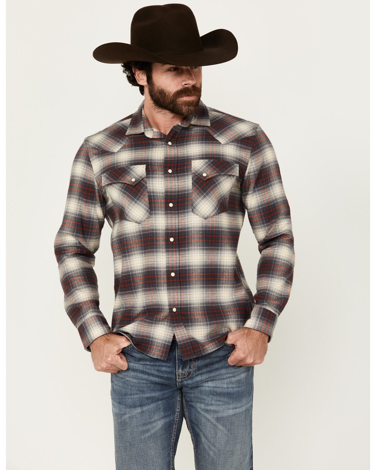 Pendleton Men's Wyatt Plaid Print Long Sleeve Snap Western Shirt, Grey, hi-res
