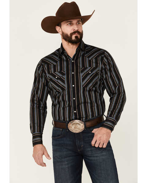 Ely Walker Men's Striped Long Sleeve Snap Western Shirt , Black, hi-res