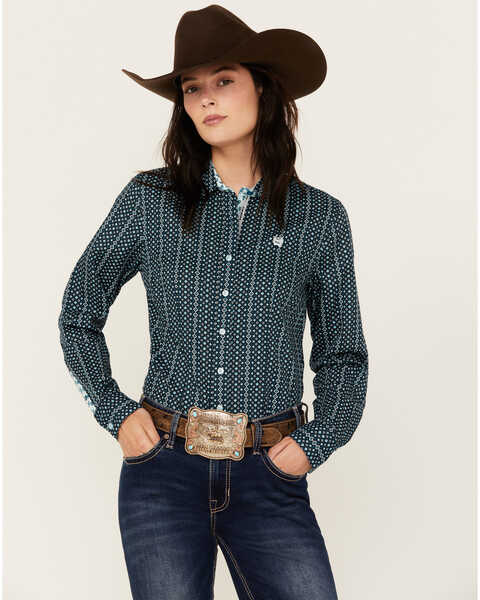 Cinch Women's Geo Print Long Sleeve Button-Down Western Core Shirt , Blue, hi-res