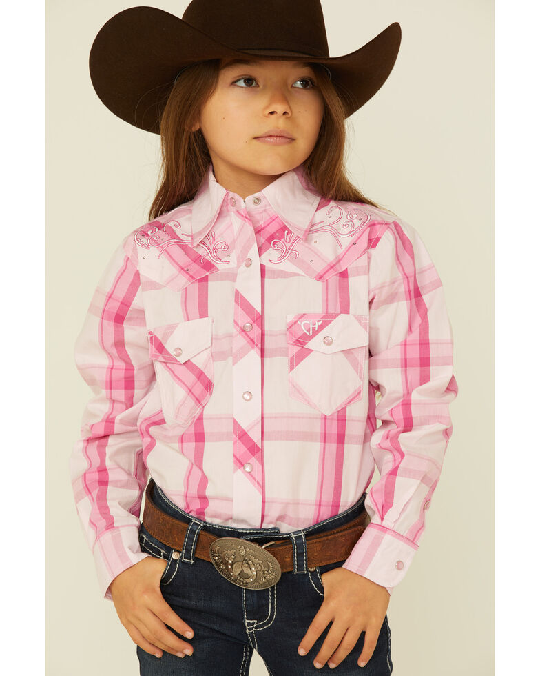 Cowboy Hardware Girls' Plaid Embroidered Western Long Sleeve Shirt, Pink, hi-res