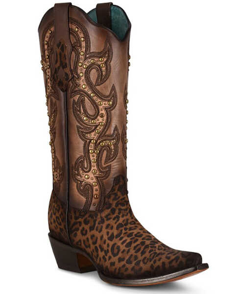 Corral Women's Leopard Print Studded Western Boots - Snip Toe, Leopard, hi-res