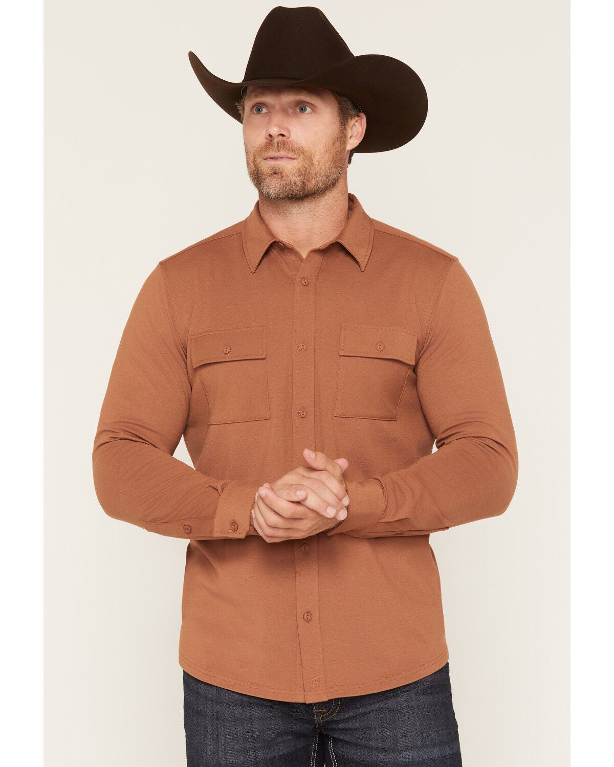 Image #1 - Cody James Men's Westley Solid Long Sleeve Button-Down Stretch Western Shirt, Bark, hi-res