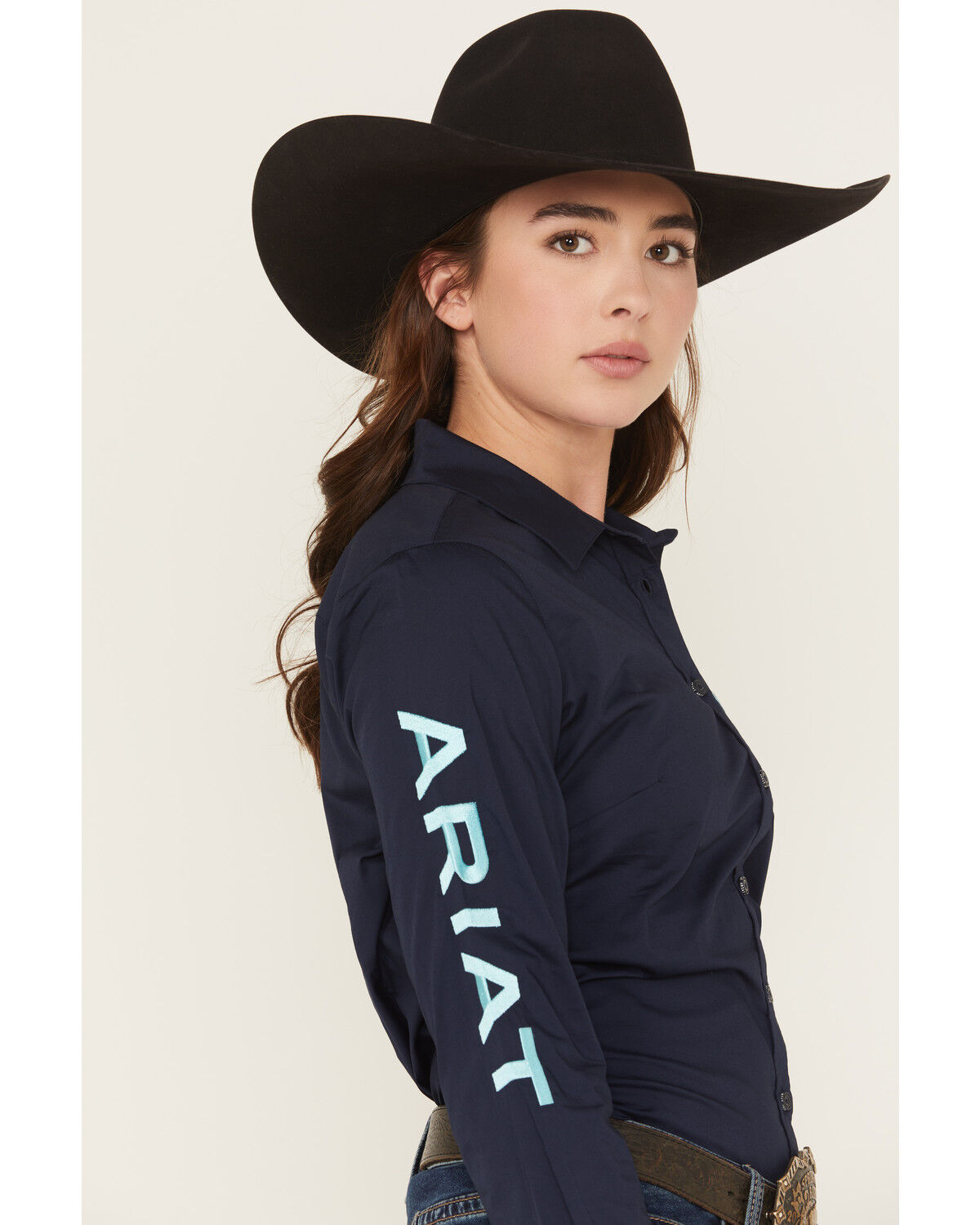 Image #3 - Ariat Women's Team Kirby Solid Long Sleeve Button-Down Stretch Western Shirt, Navy, hi-res