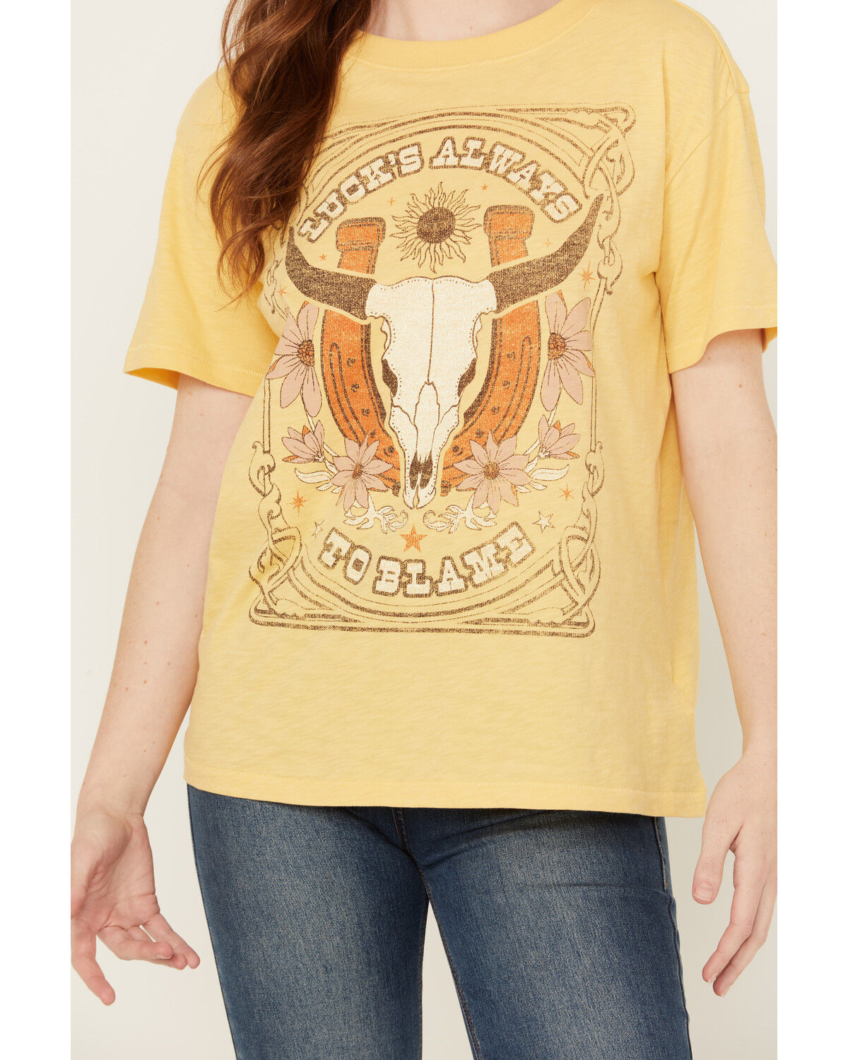 Image #3 - Shyanne Women's Lucks Always To Blame Short Sleeve Graphic Tee, Yellow, hi-res