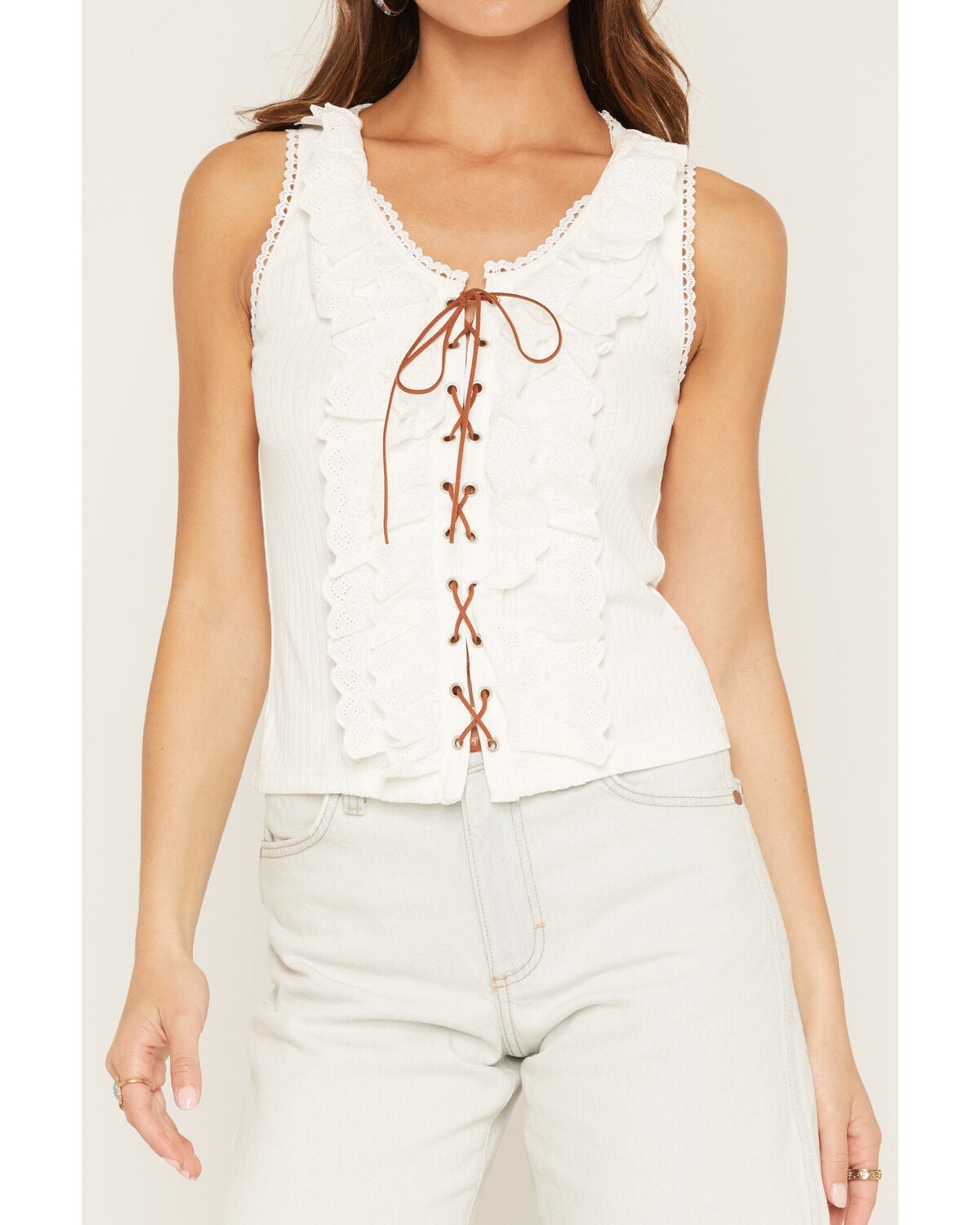 Image #3 - Miss Me Women's Lace-Up Ruffle Sleeveless Tank Top, White, hi-res