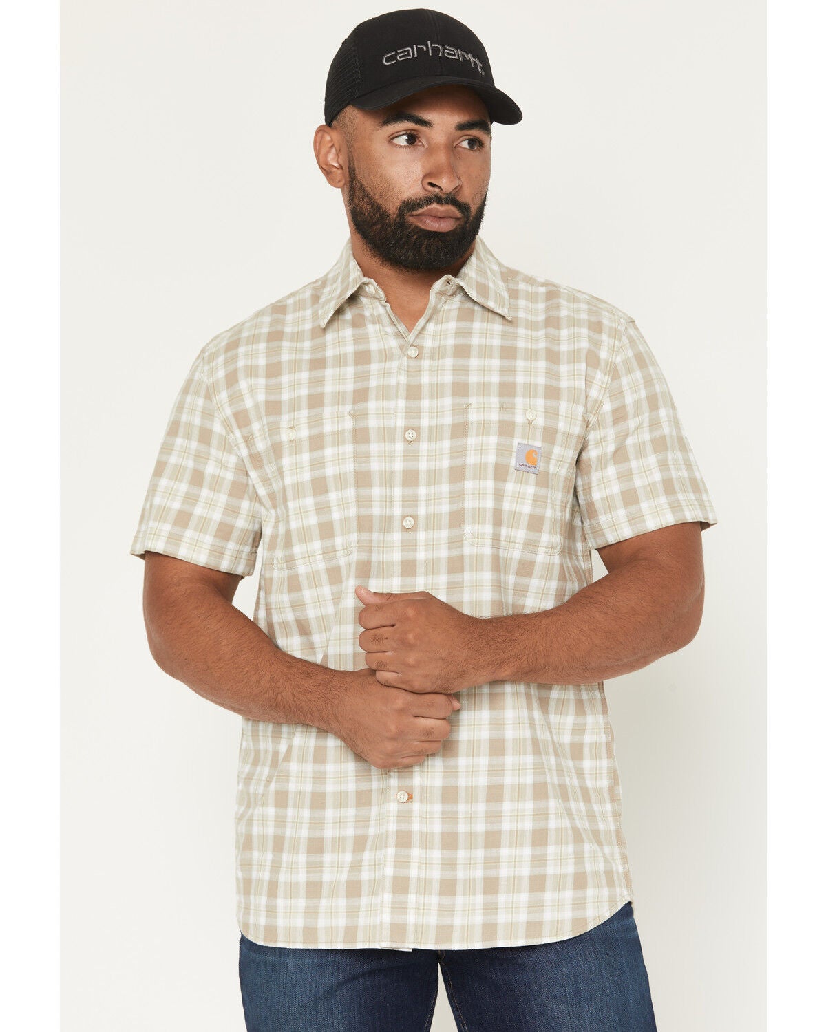 Carhartt Men's Bozeman Rugged Flex&reg; Relaxed Fit Plaid Print Short Sleeve Button-Down Work Shirt, Stone, hi-res