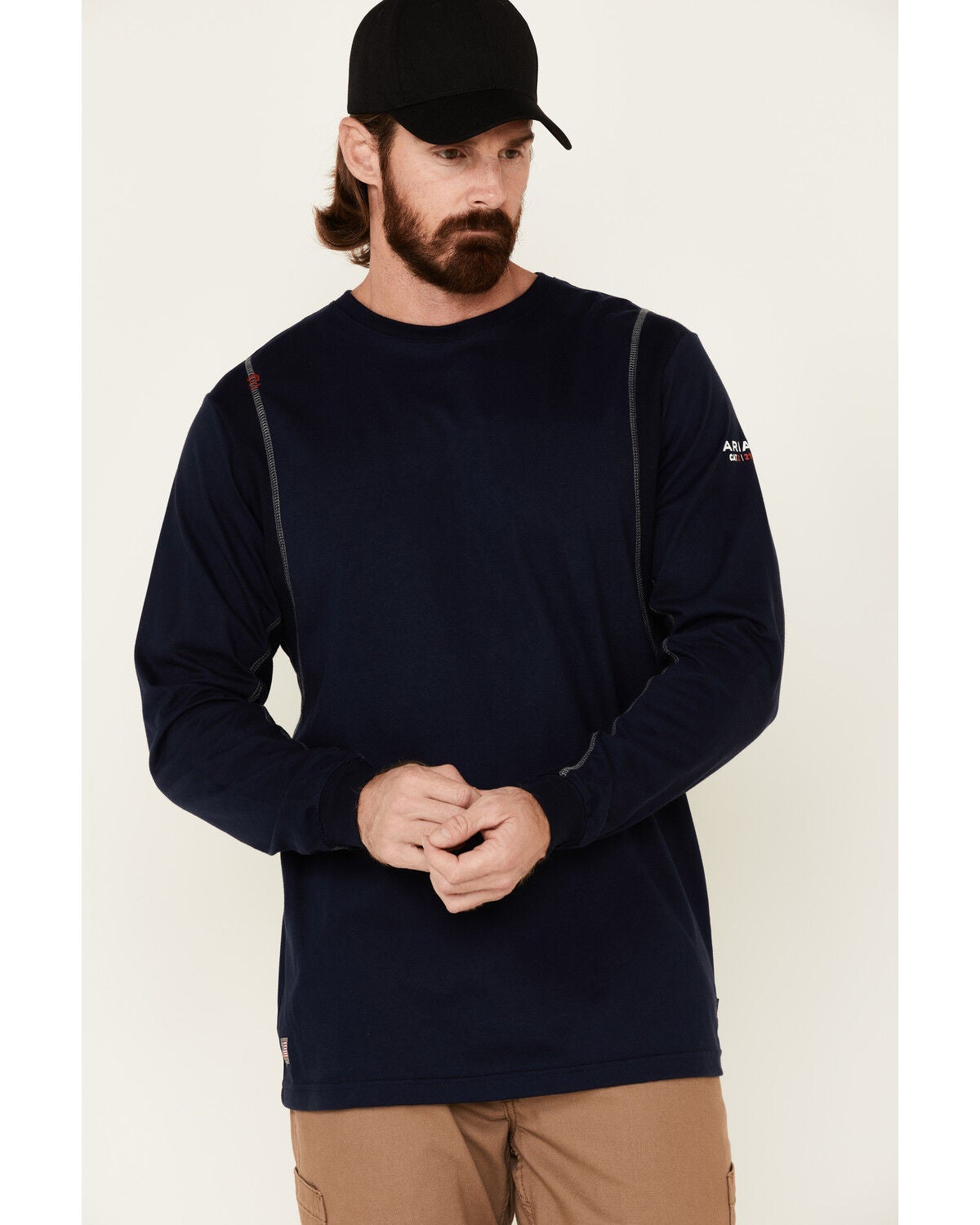 Ariat Men's FR Crew Neck Long Sleeve T-Shirt, Navy, hi-res