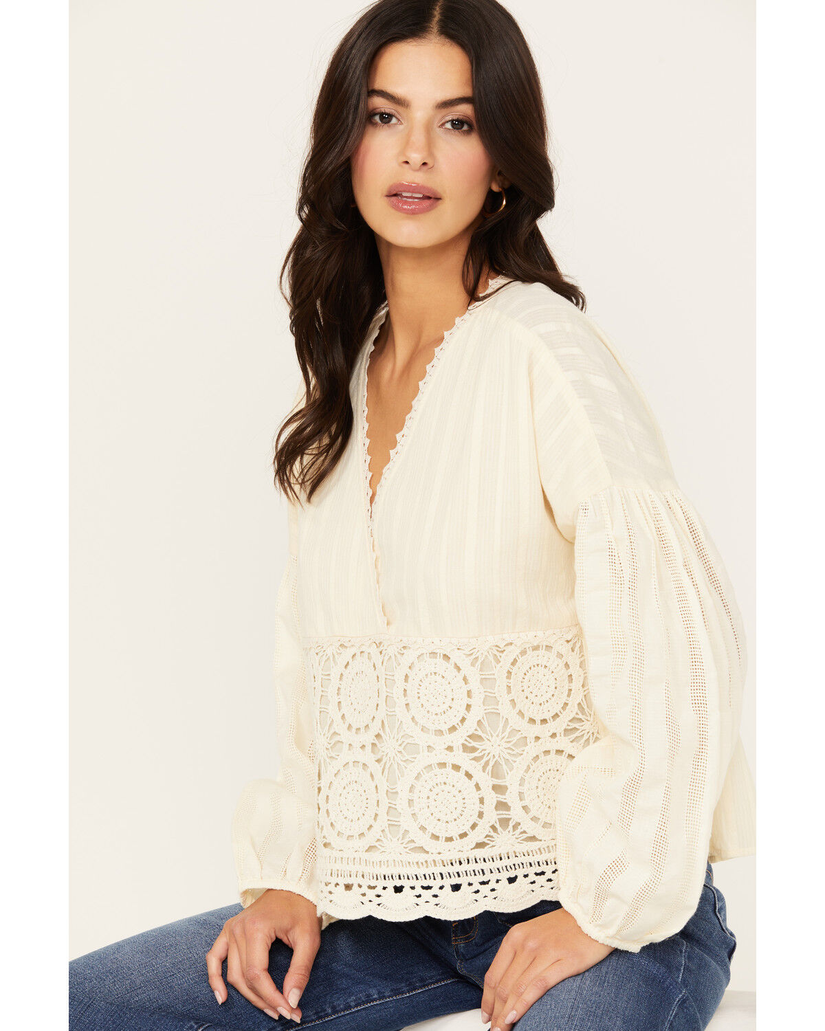Image #1 - Miss Me Women's Crochet Long Sleeve Top, Cream, hi-res