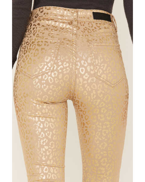 Image #3 - Rock & Roll Denim Women's Metallic Leopard Print High Rise Stretch Flare Jeans, Gold, hi-res