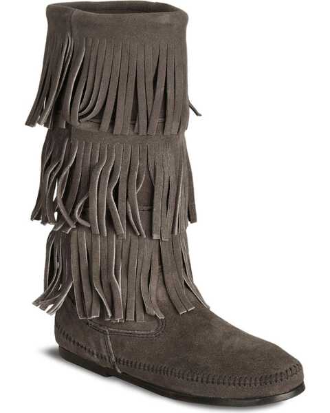 Minnetonka Women's Tall Fringed Boots - Round Toe, Grey, hi-res