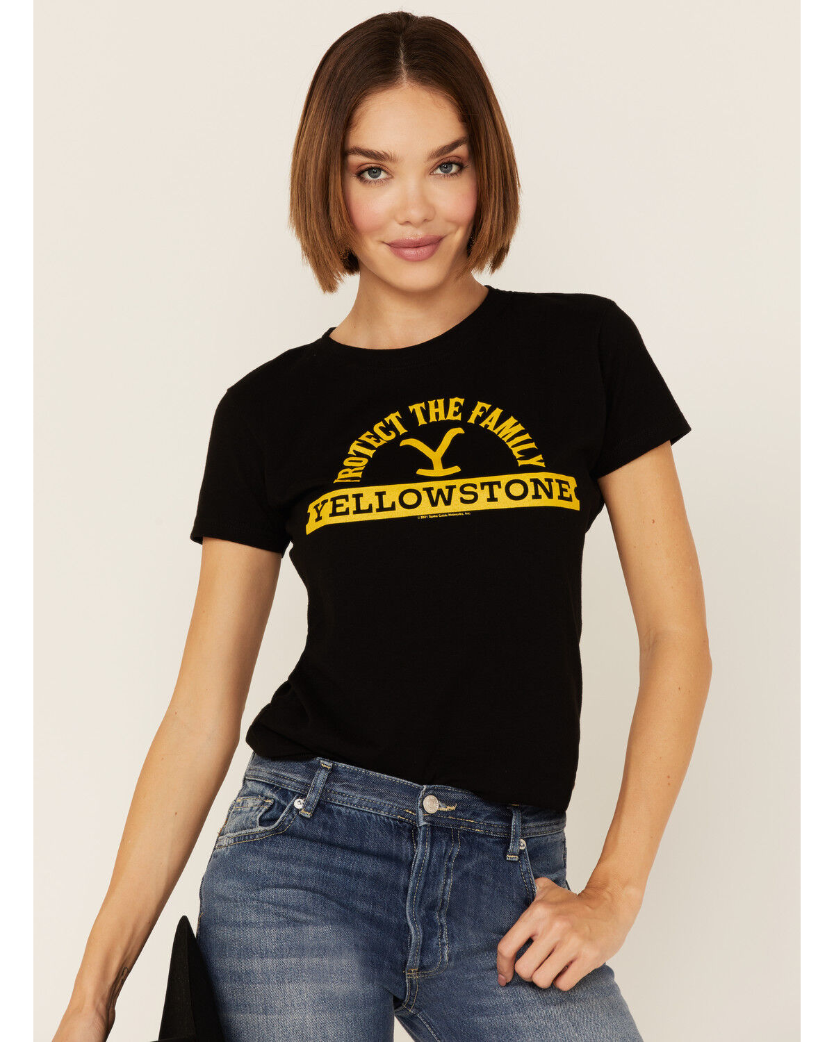 Image #1 - Paramount Network’s Yellowstone Women's Black Protect The Family Graphic Short Sleeve Tee, Black, hi-res