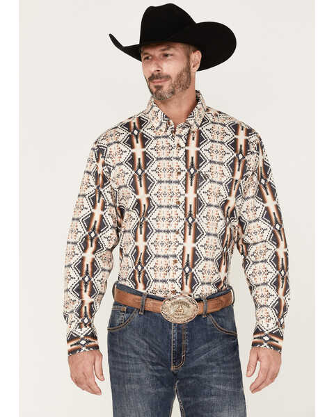 Image #1 - Rock & Roll Denim Men's Southwestern Stretch Long Sleeve Button Down Shirt, Chocolate, hi-res