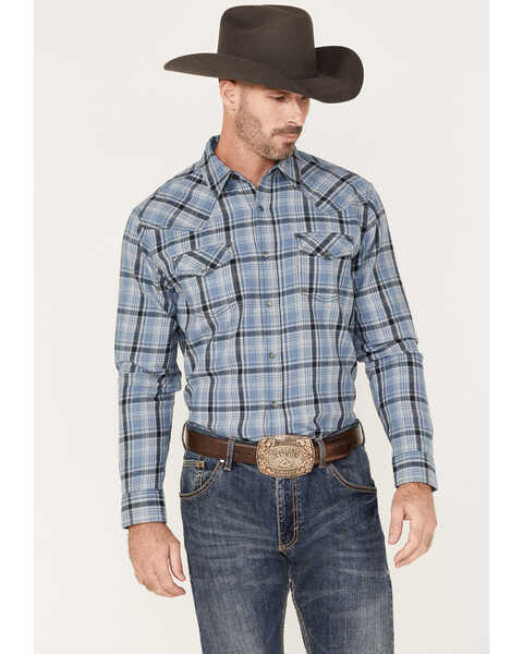 Cody James Men's Stream Plaid Print Long Sleeve Pearl Snap Western Flannel Shirt , Blue, hi-res
