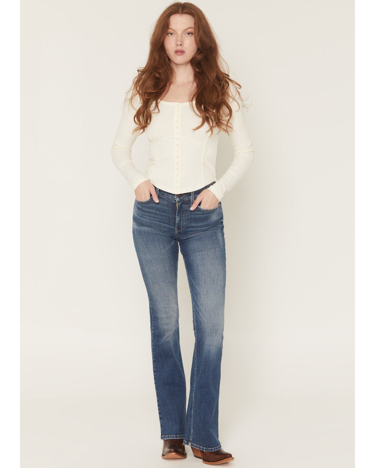 Image #1 - Shyanne Women's Archer Medium Wash Lune High Rise Flare Stretch Denim Jeans, Medium Wash, hi-res